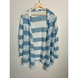 Retro Threads Open Knit Cardigan Size medium blue white striped crochet Boho